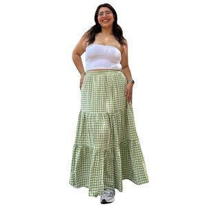 Shiny by Nature Green and White Gingham Tiered Maxi Skirt